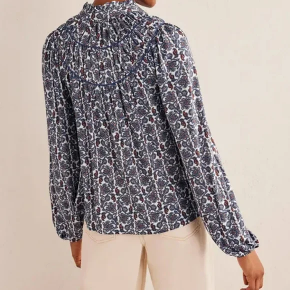Boden Blue and White Paisley Long-Sleeve Ruffled Yoke Blouse - Picture 3 of 9